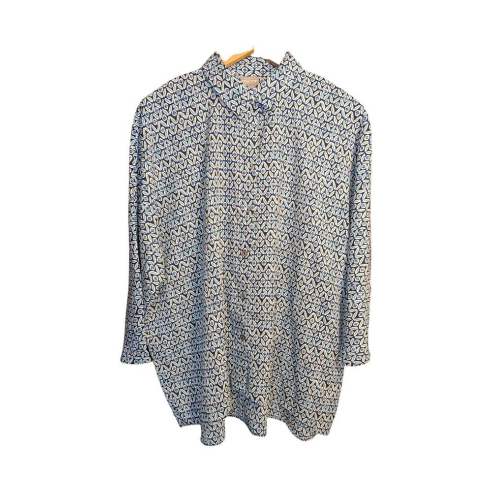 Chicos Top Women's 8/10 Blue Floral Print 3/4 Sleeve Button Up Flowy Lightweight